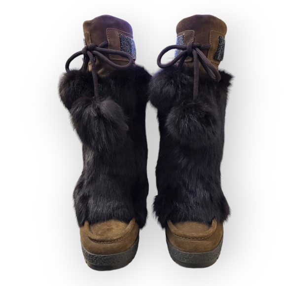 COACH Maryann Rabbit Fur Suede Boots Brown Beaded Trim Pom Pom Ties 8 - Picture 4 of 11